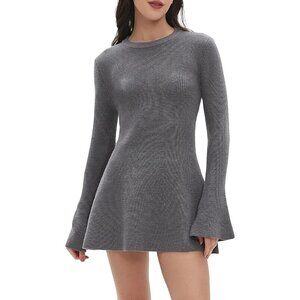 Women Spring Fall Winter Casual Sweater Dress Crew Neck Mini A-Line Knit